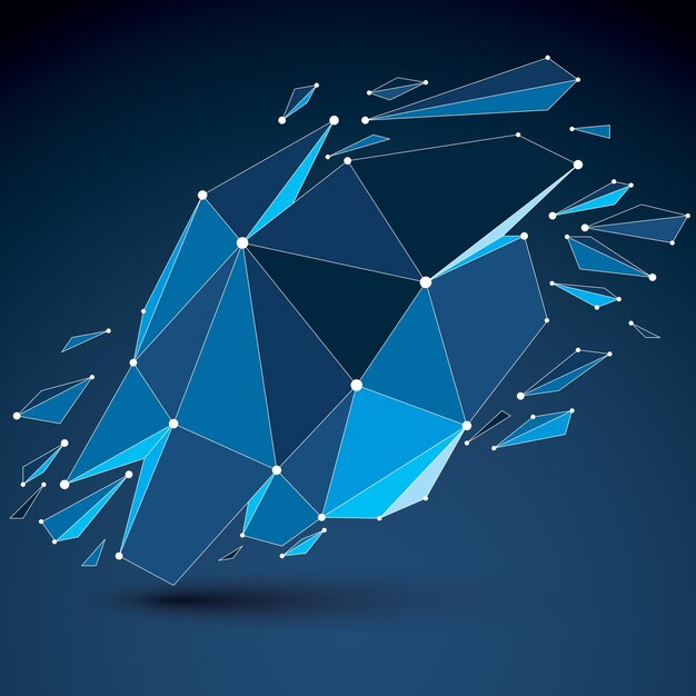 3d vector digital wireframe object broken into different particles and refractions, geometric polygonal structure with blue lines mesh. Low poly shattered shape with luminescent effect.
