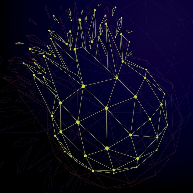 3d vector digital wireframe spherical object broken into different particles and refractions, geometric polygonal structure with lines mesh. low poly shattered shape, cyberspace lattice form.