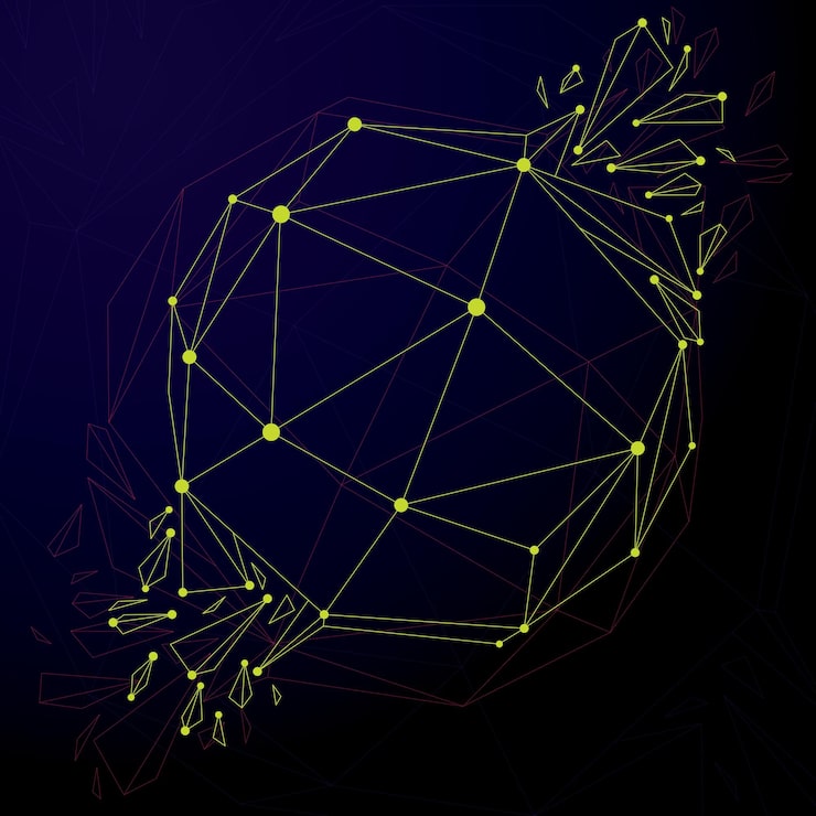 Vector 3d vector digital wireframe spherical object broken into different particles and refractions, geometric polygonal structure with lines mesh. low poly shattered shape, cyberspace lattice form.