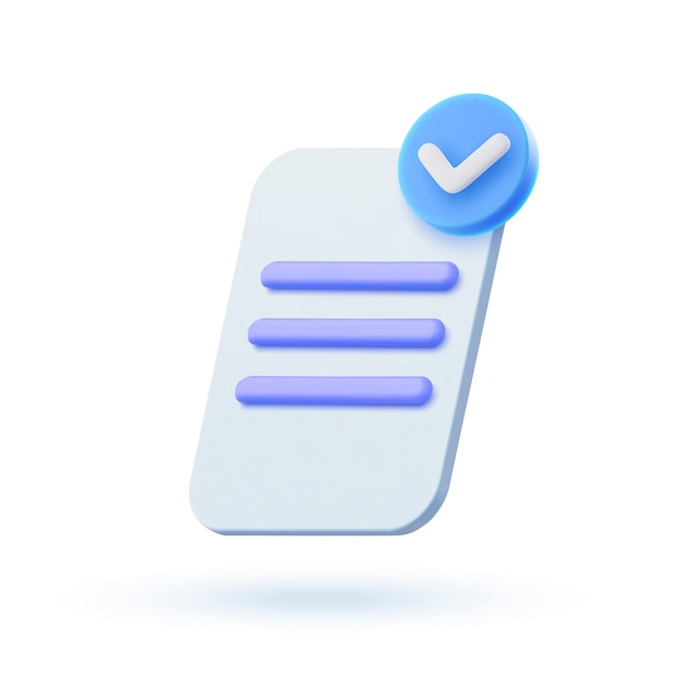 3d vector document icon with check mark in cartoon style White paper sheet