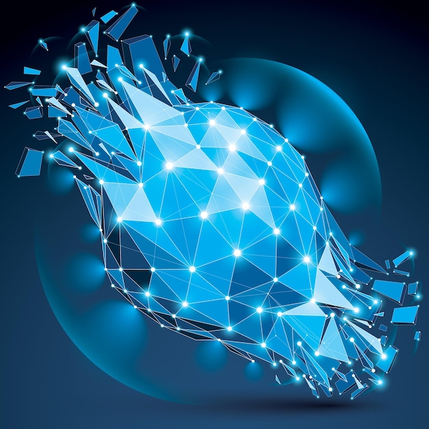 3d vector low poly complicated object with sparkles and lens circles, white connected dotted lines. Geometric wireframe shape with fractures. Radiance perspective blue shattered form.