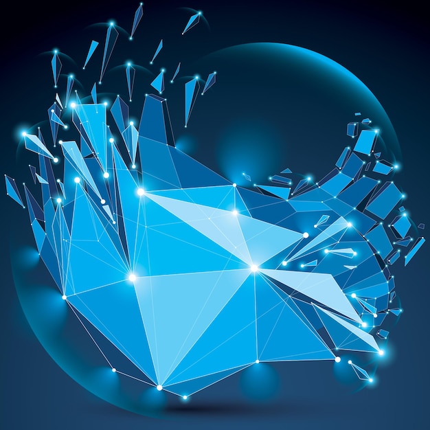 3d vector low poly complicated object with sparkles and lens circles, white connected dotted lines. Geometric wireframe shape with fractures. Radiance perspective blue shattered form.