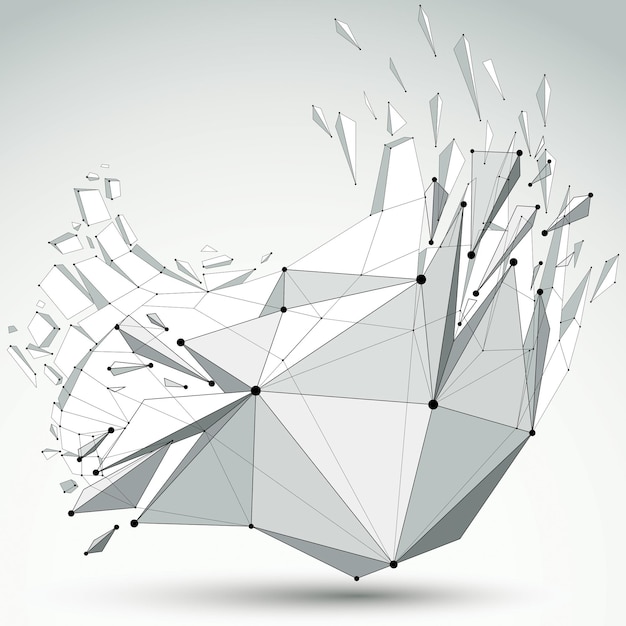 3d vector low poly object with black connected lines and dots, geometric wireframe shape with refractions. Asymmetric perspective shattered grayscale form with thread.