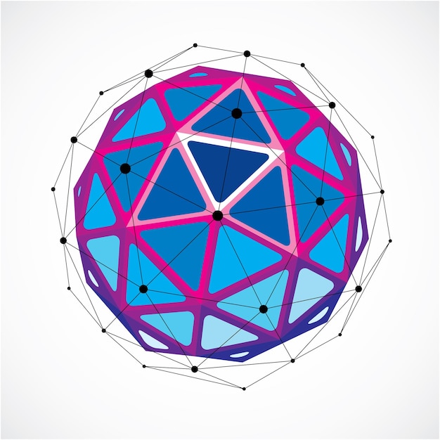 3d vector low poly spherical object with black connected lines and dots, geometric purple wireframe shape. Perspective orb created with triangular facets.