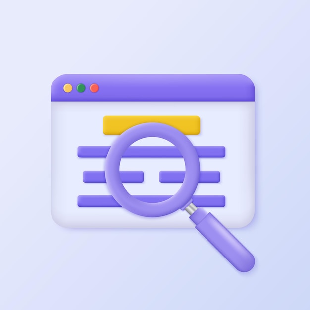 3D Web browser window with magnifying glass icon 3D design of web searching concept Internet request Vector illustration