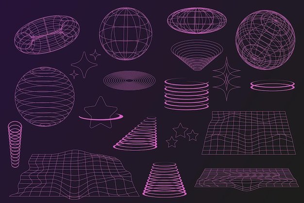 3d wireframe 00s style 3d wireframe y2k retro cyberpunk styleset of retrofuturistic elements