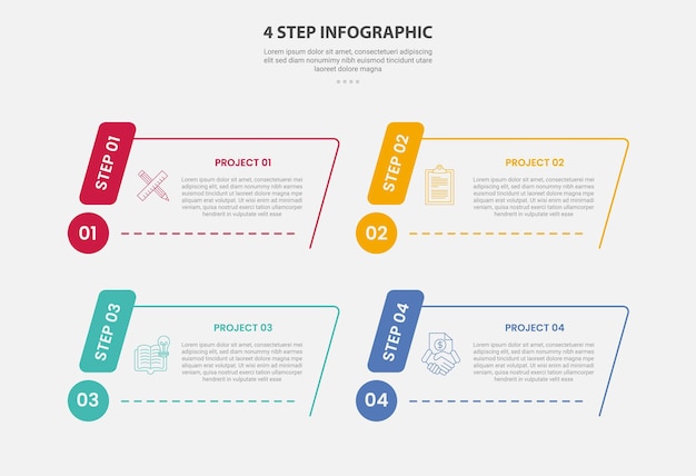 4 points template infographic outline style with 4 point step template with skew or slope rectangle container with circle badge for slide presentation
