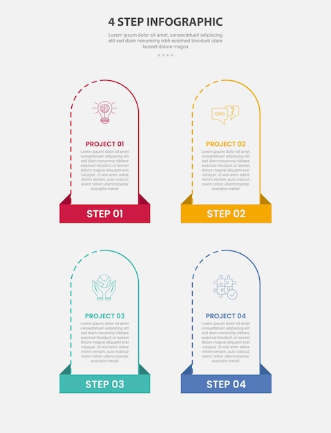 4 points template infographic outline style with 4 point step template with vertical round box container with rectangle header bottom for slide presentation