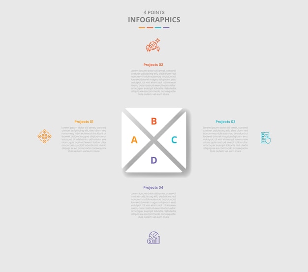4 points template infographic with big square box cut two slice create triangle structure with drop shadow style with four stage list information