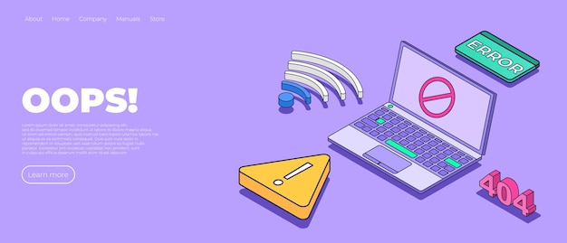404 isometric page Landing page template with 404 error No internet connection Concept of technical error page not found online service notification