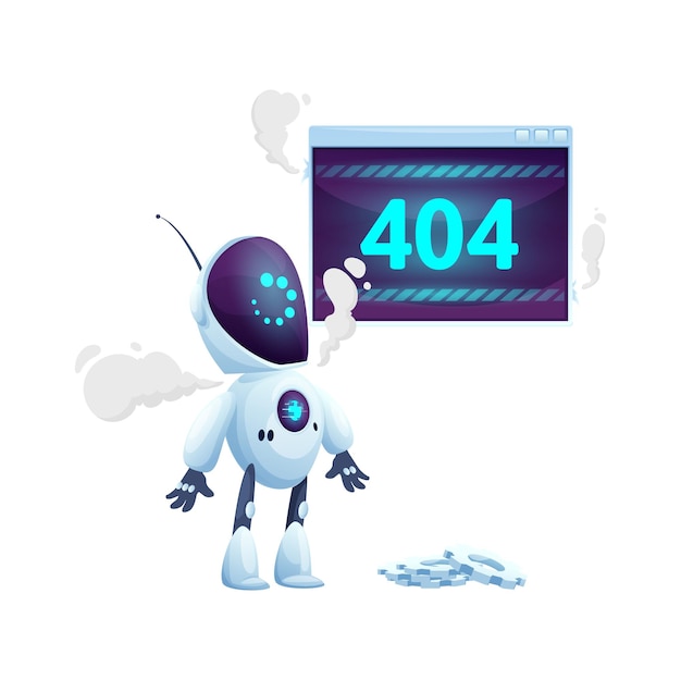 404 page with cartoon screen and alien robot Network fail problem message web site construction sign or webpage loading error warning vector banner with funny robot or droid smoking character