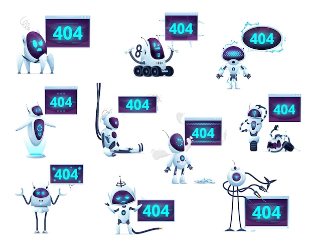 404 page with cartoon screens robots and droids
