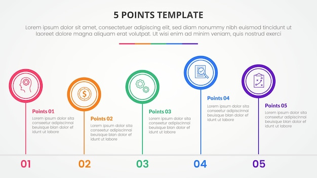 5 points stage template infographic concept for slide presentation with big circle outline unbalance up and down with 5 point list with flat style vector