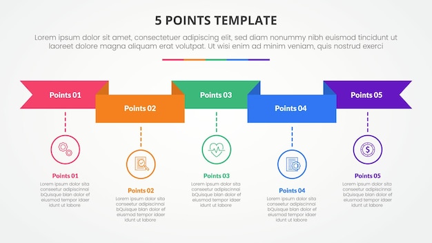 5 points stage template infographic concept for slide presentation with ribbon header and timeline style with 5 point list with flat style vector