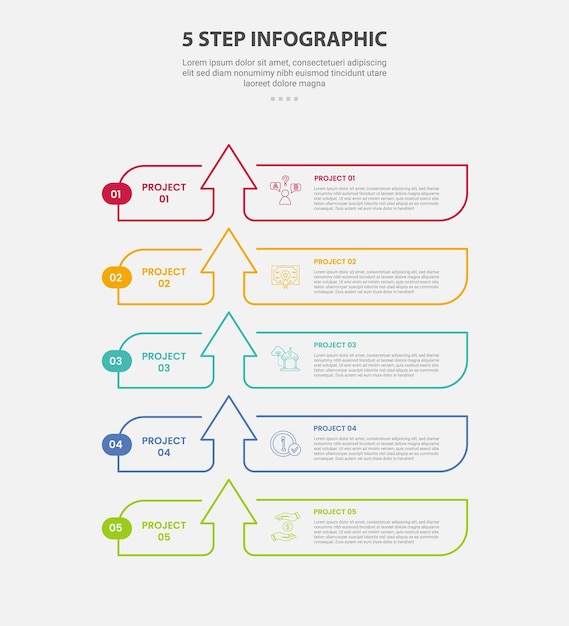 5 points template infographic outline style with 5 point step template with creative box container with arrow top direction stack structure for slide presentation