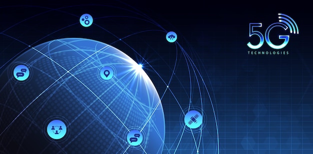 5G technology with computer network connection line between building Connectivity and global networks systems and internet of things concept vector design