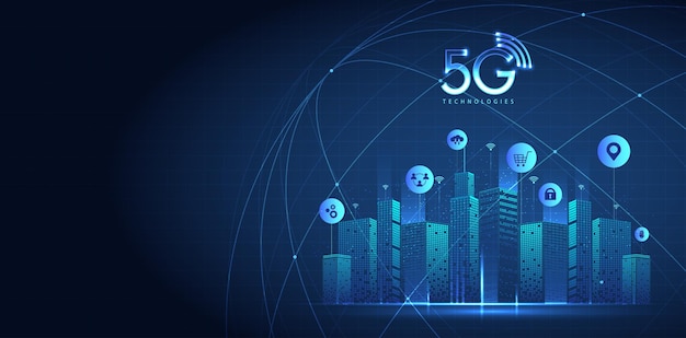 5G technology with computer network connection line between building Connectivity and global networks systems and internet of things concept vector design