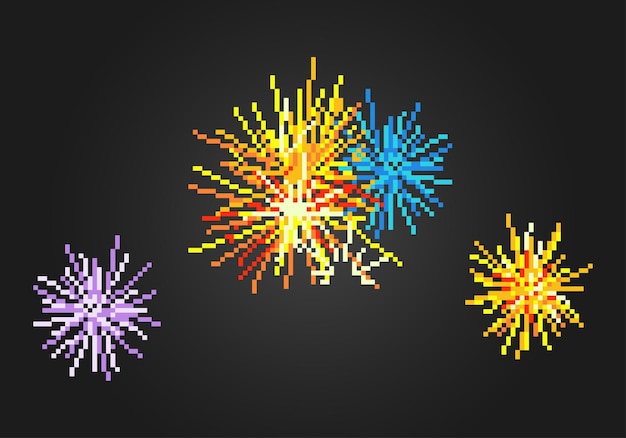 8 bit pixel firework game assets and cross stitch patterns in vector illustrations