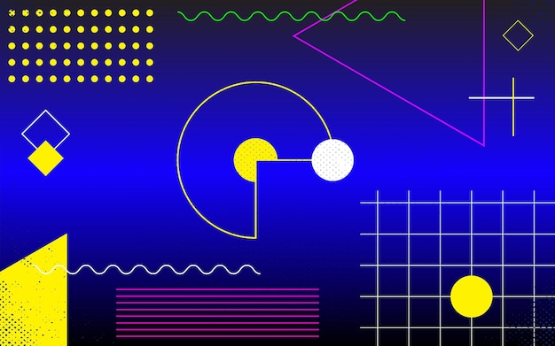80s style background with geometric shapes and form triangle semicircle and wave patterns vector