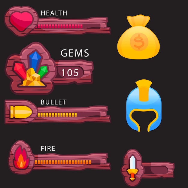 8bit pixel arcade game experience bars and energy levels vector UI interface elements Arcade video