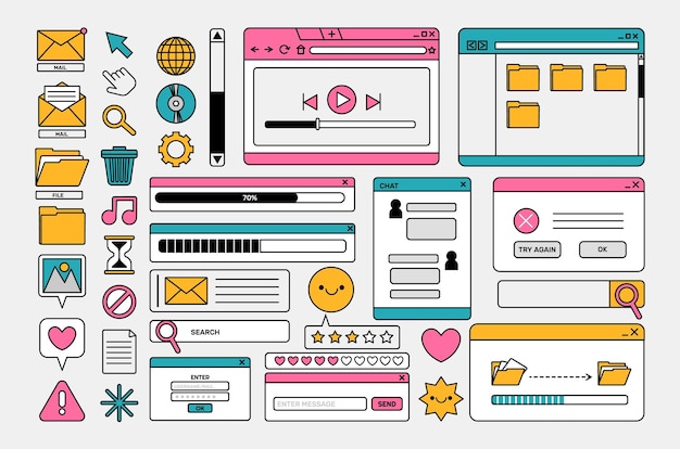 90s retro desktop interface Retro user computer elements Vintage old vaporwave icons and screens UI and UX themes Nostalgic digital objects for pc 2000s Vector set