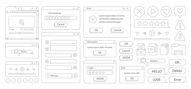 90s retro vaporwave old desktop user interface elements. Doodle vector style.