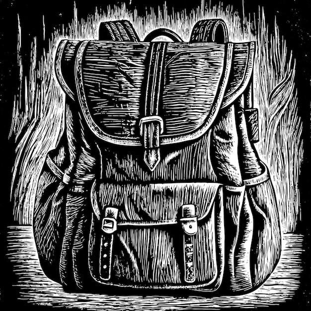 A backpack is drawn in black and white