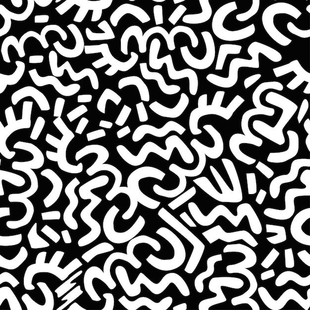 a black and white abstract pattern of white letters