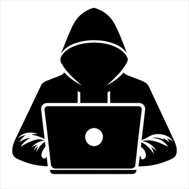 a black and white image of a person with a laptop on it
