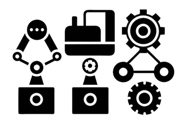 a black and white image of a robot and a machine with the wheels