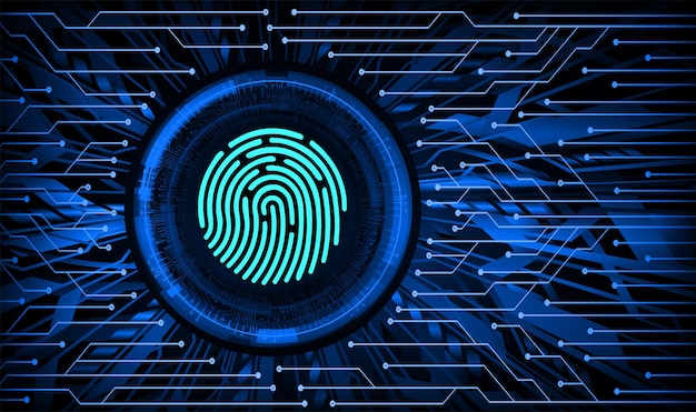 a blue and green fingerprint with a circuit board in the background.