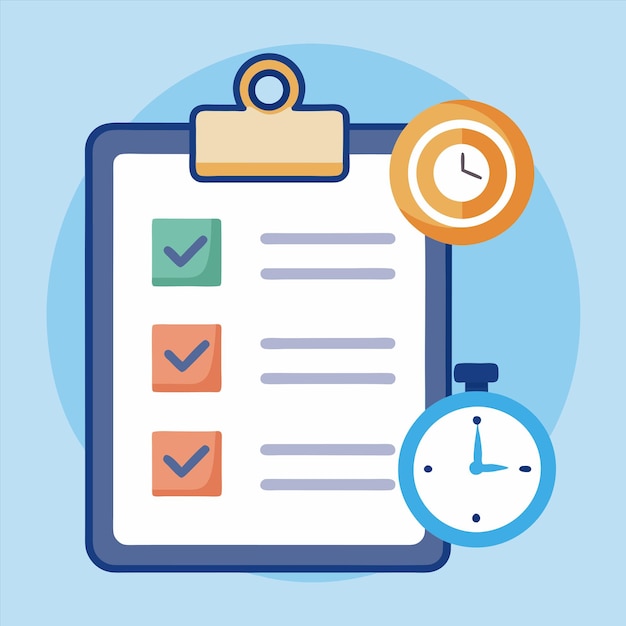 a blue and white paper with a clock and a clock on it