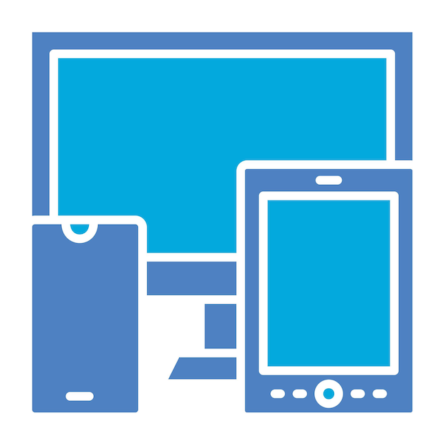 a blue and white picture of a computer monitor and a printer