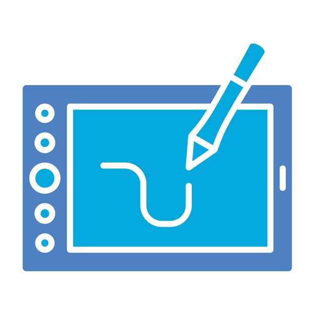 a blue and white tablet with a pen in the corner