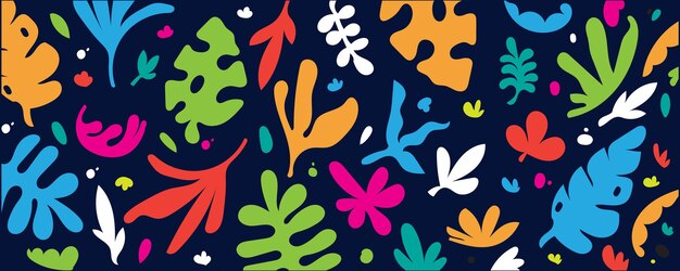 A blue background with a pattern of colorful leaves.