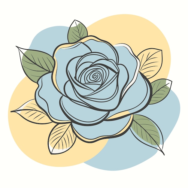 a blue rose with green leaves and yellow background