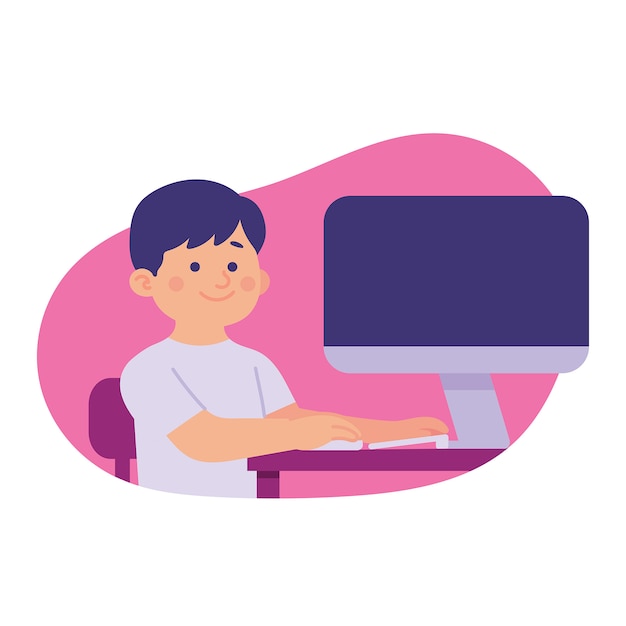 A boy sitting in his computer learning online or game online