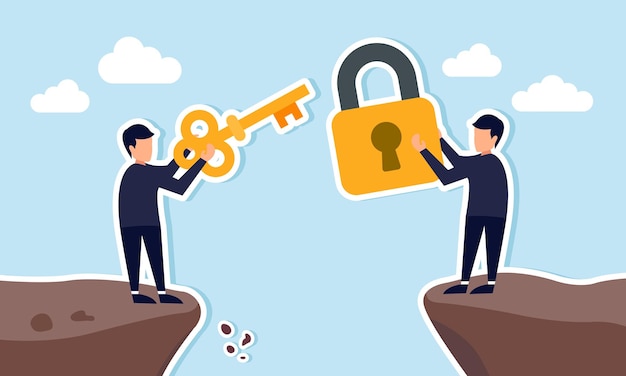 a businessman holds a key on one side of a chasm while another holds a lock on the other side illustration of the challenge in finding solutions to business problems