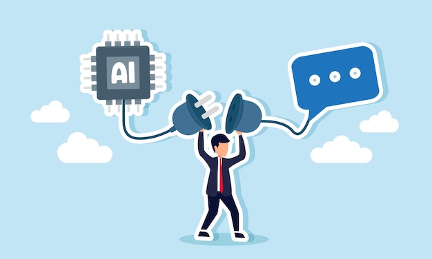 A businessman holds two power plugs connected to an AI chip and a chat dialog illustration of the importance of adaptation and prompt memory for AI development