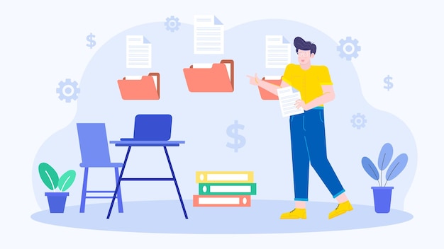 A businessman is managing documents and files at the office