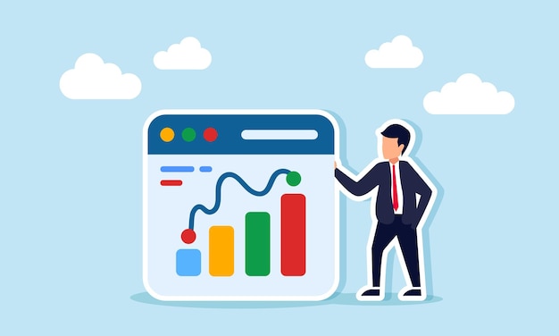 A businessman stands next to an app platform interface showing a chart graph illustration of digitalbased data monitoring and evaluation for business performance