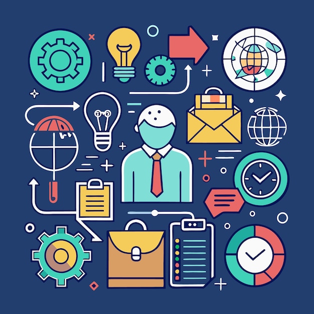 A businessman surrounded by icons representing business processes strategy and success