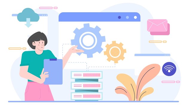 a businesswoman is maintaining and updating office technology infrastructure