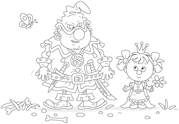 a cartoon drawing of a little girl and a little girl with a sword