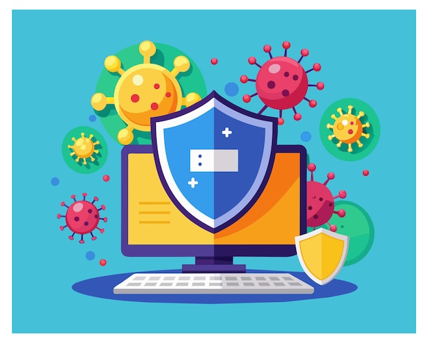 a cartoon drawing of a shield with a blue background with a blue shield and the word virus on it
