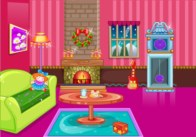 A cartoon image of a living room with a pink sofa and a window with the words home sweet home