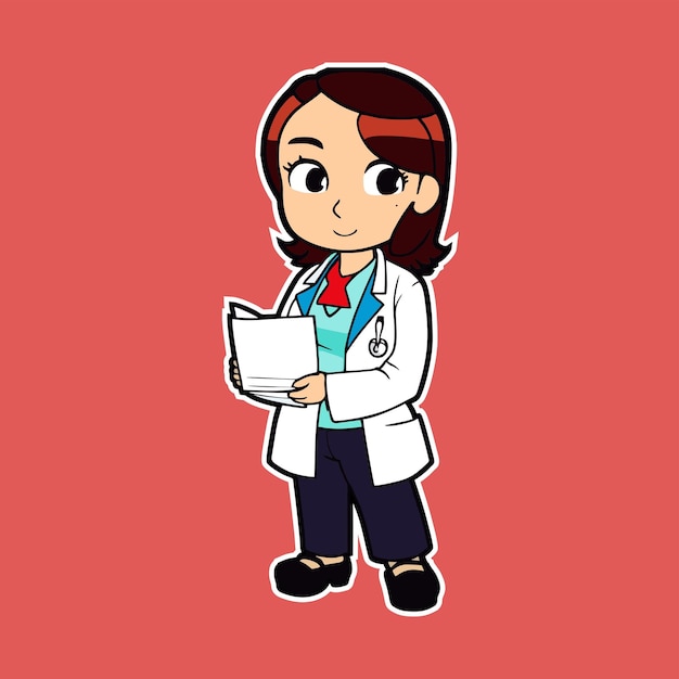 A cartoon of a female doctor with a clipboard and a red background.