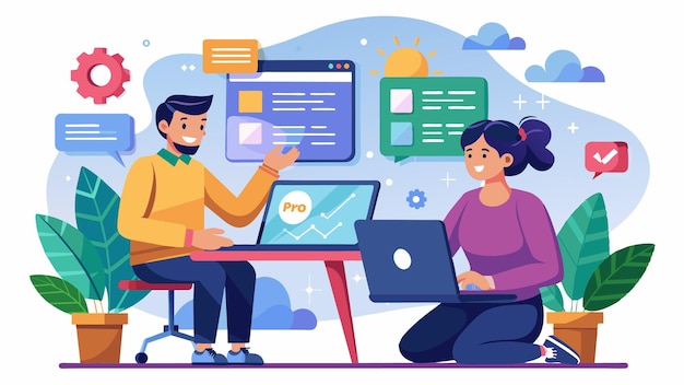 a cartoon of a man and a woman working on a computer