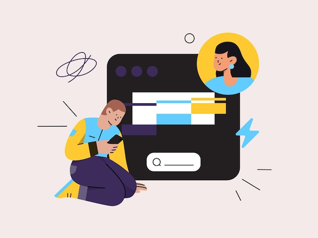 a cartoon of a man laying on the floor next to a tablet with a man laying on the floor