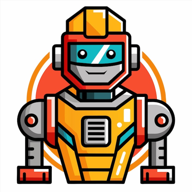 a cartoon of a robot with a red background and a yellow and orange circle